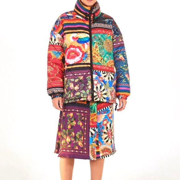 FARM Rio Mixed Scarves Reversible Puffer Jacket Patchwork Dopamine - Picture 2 of 14